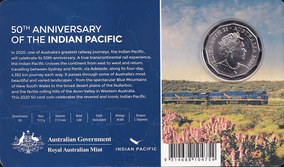 Australia 2020 Fifty Cents 50c 50th Anniversary of the Indian pacific carded