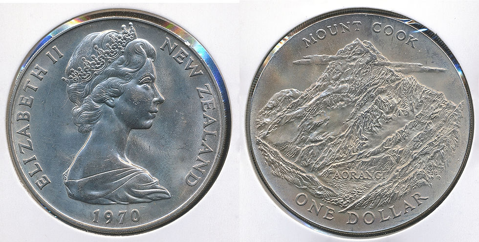 New Zealand 1970 One Dollar $1 Mount Cook Coin