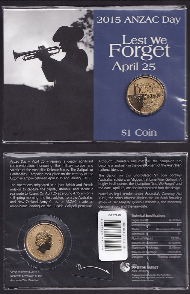 2015 Australia One Dollar Lest We Forget Gallipoli