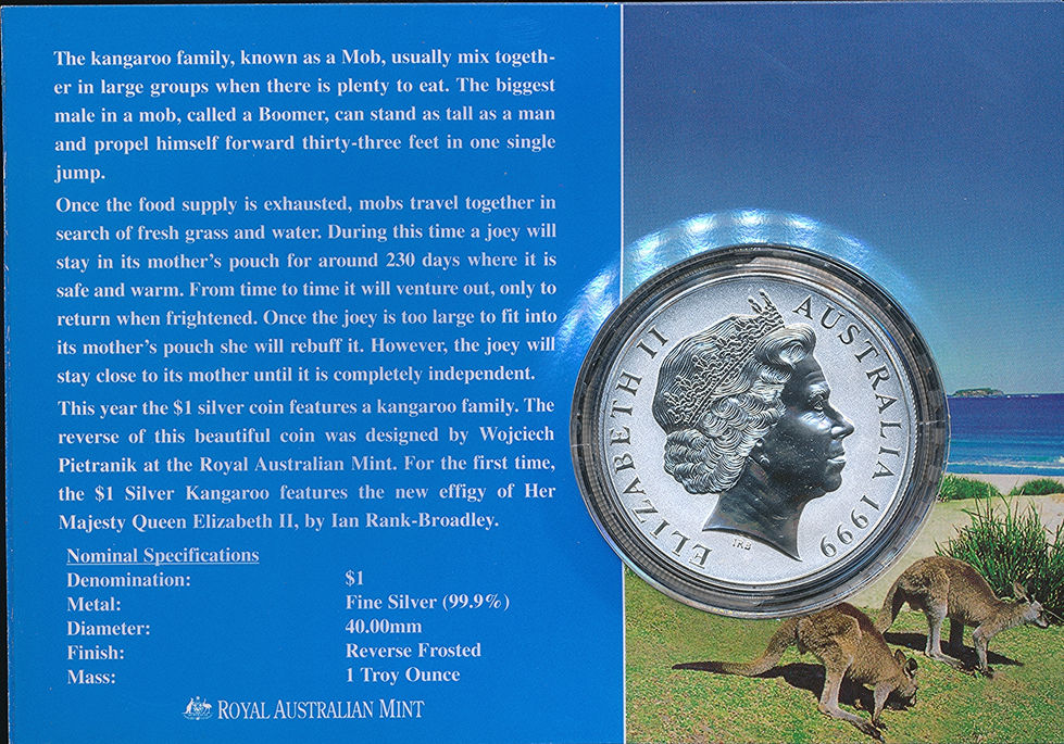 Australia 1999 Silver One Dollar $1 Kangaroo 1oz 999 Silver Coin on Card