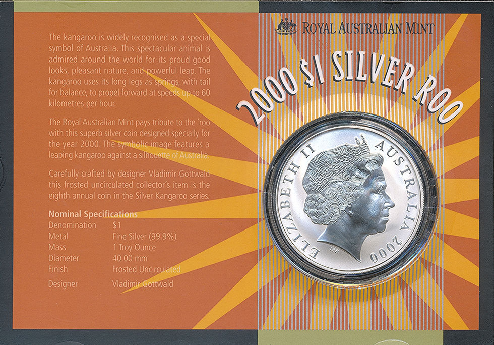 Australia 2000 Silver One Dollar $1 Kangaroo 1oz 999 Silver Coin on Card