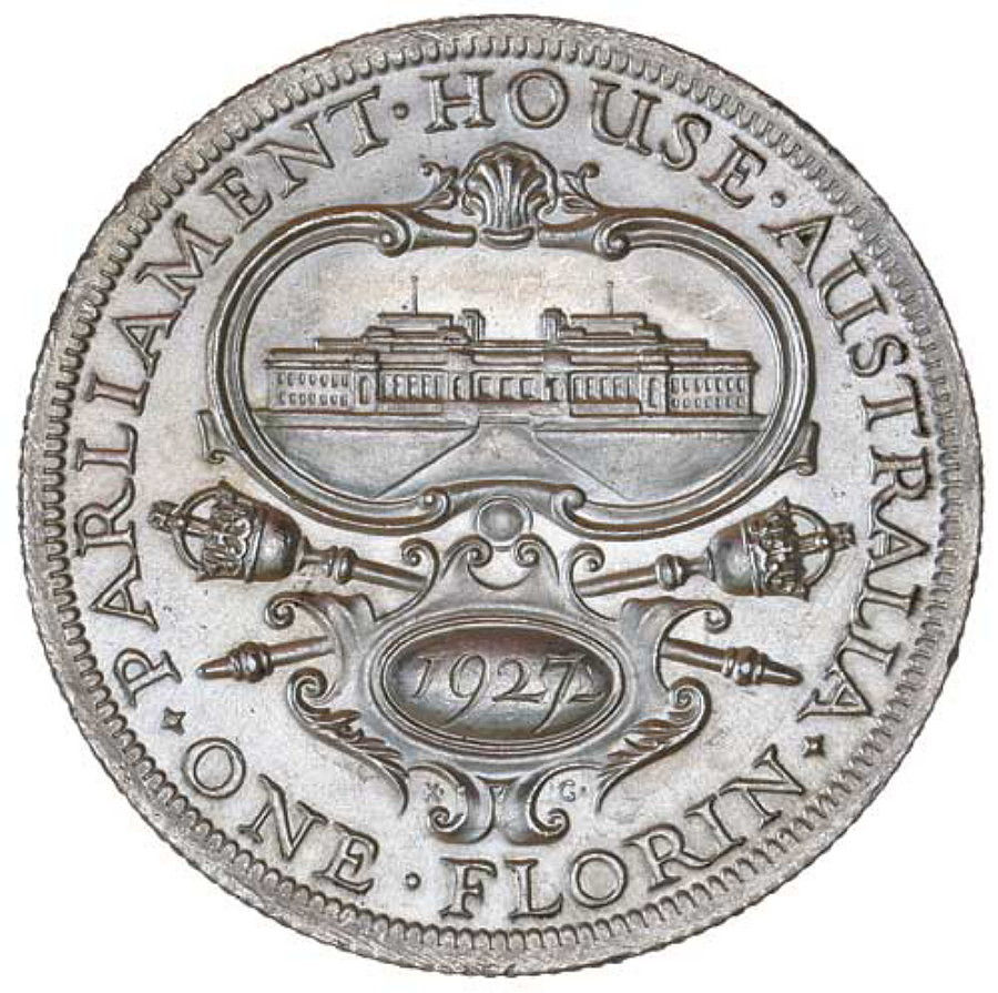 1927 Australian Florin featuring an intricate depiction of the Parliament House, commemorating its opening.