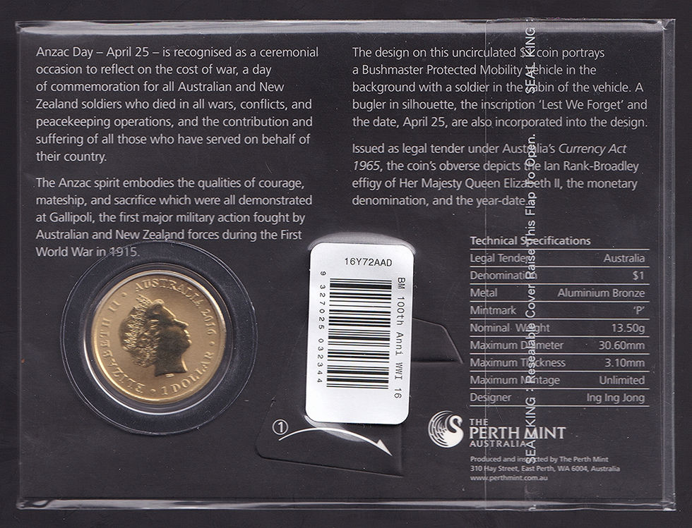 2016 Australia One Dollar Lest We Forget ANZAC Day