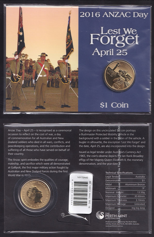2016 Australia One Dollar Lest We Forget ANZAC Day