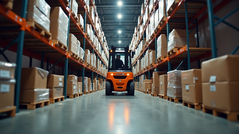 Eye-level view of a forklift lifting pallets in a warehouse