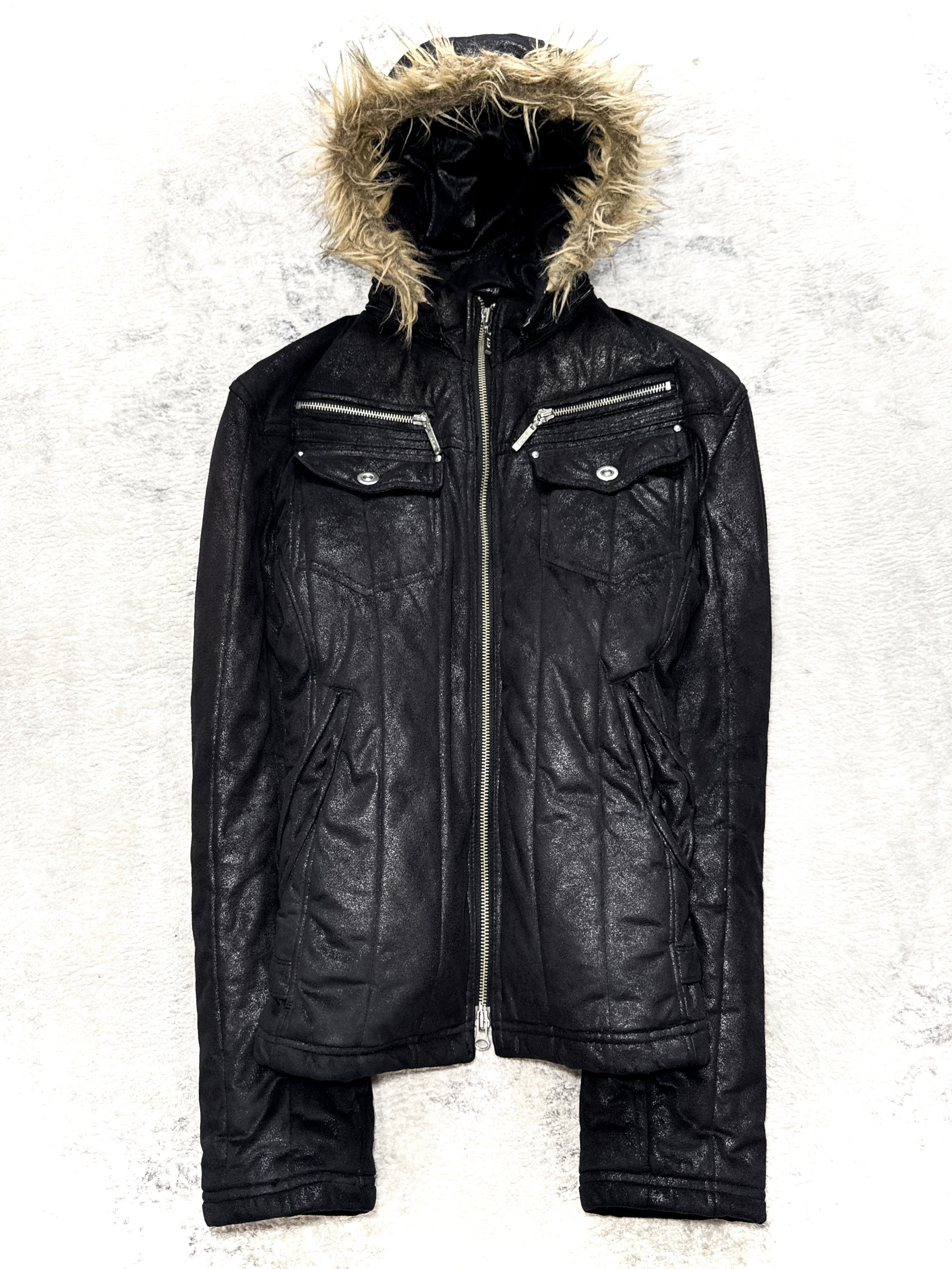 A.S.M - Early 00s Coated Micro-Suede Single Rider Jacket w/ Detachable Fur Hood