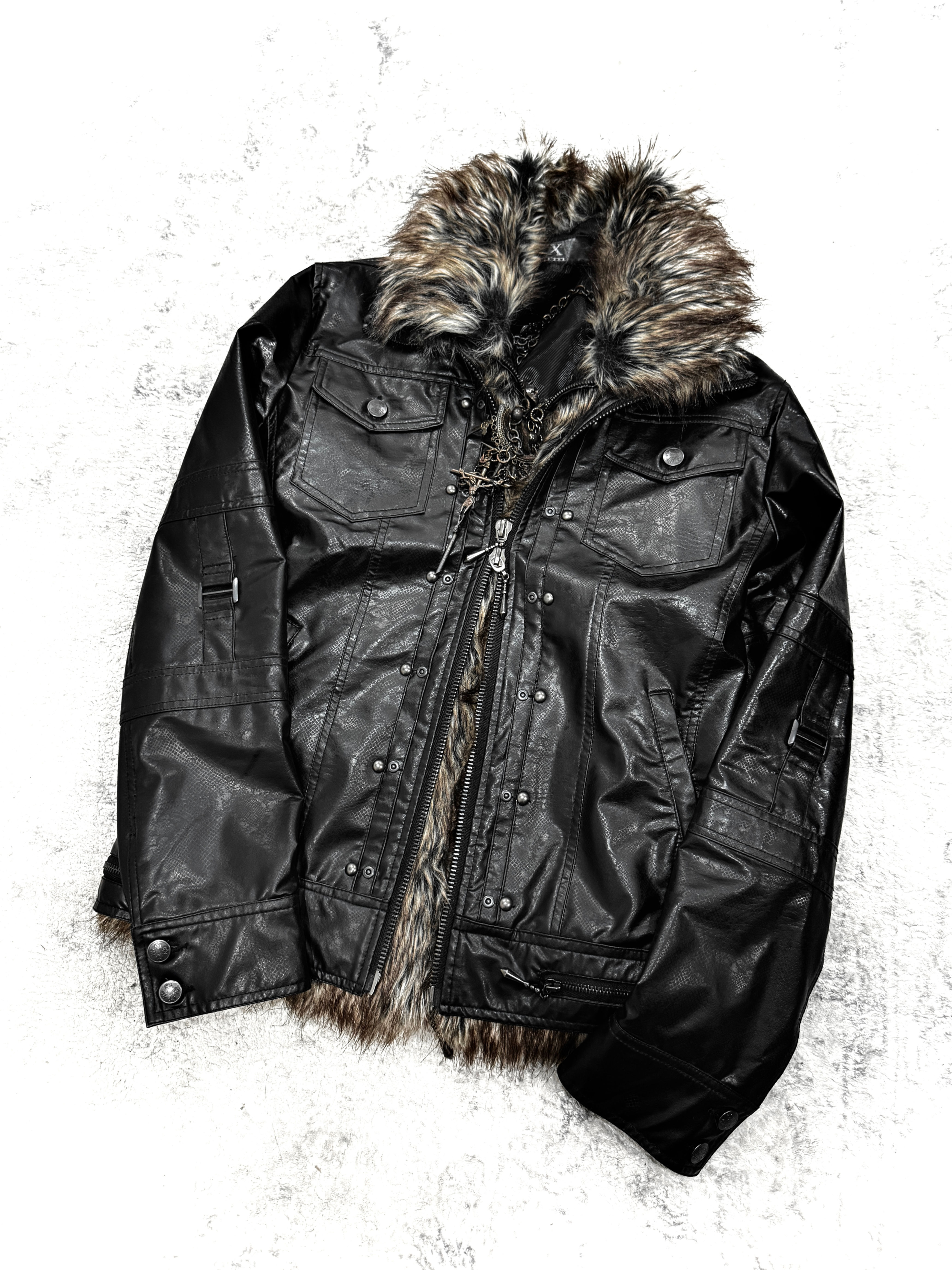 XFRM - Early 00s Snakeskin Coated Single Rider Jacket w/ XFRM Faux Fur Vest