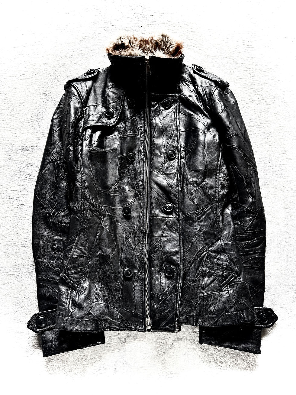 Thumbnail: Rattle Trap - Late 00s Calfskin Leather Patchwork Napoleon Jacket w/ Fur 