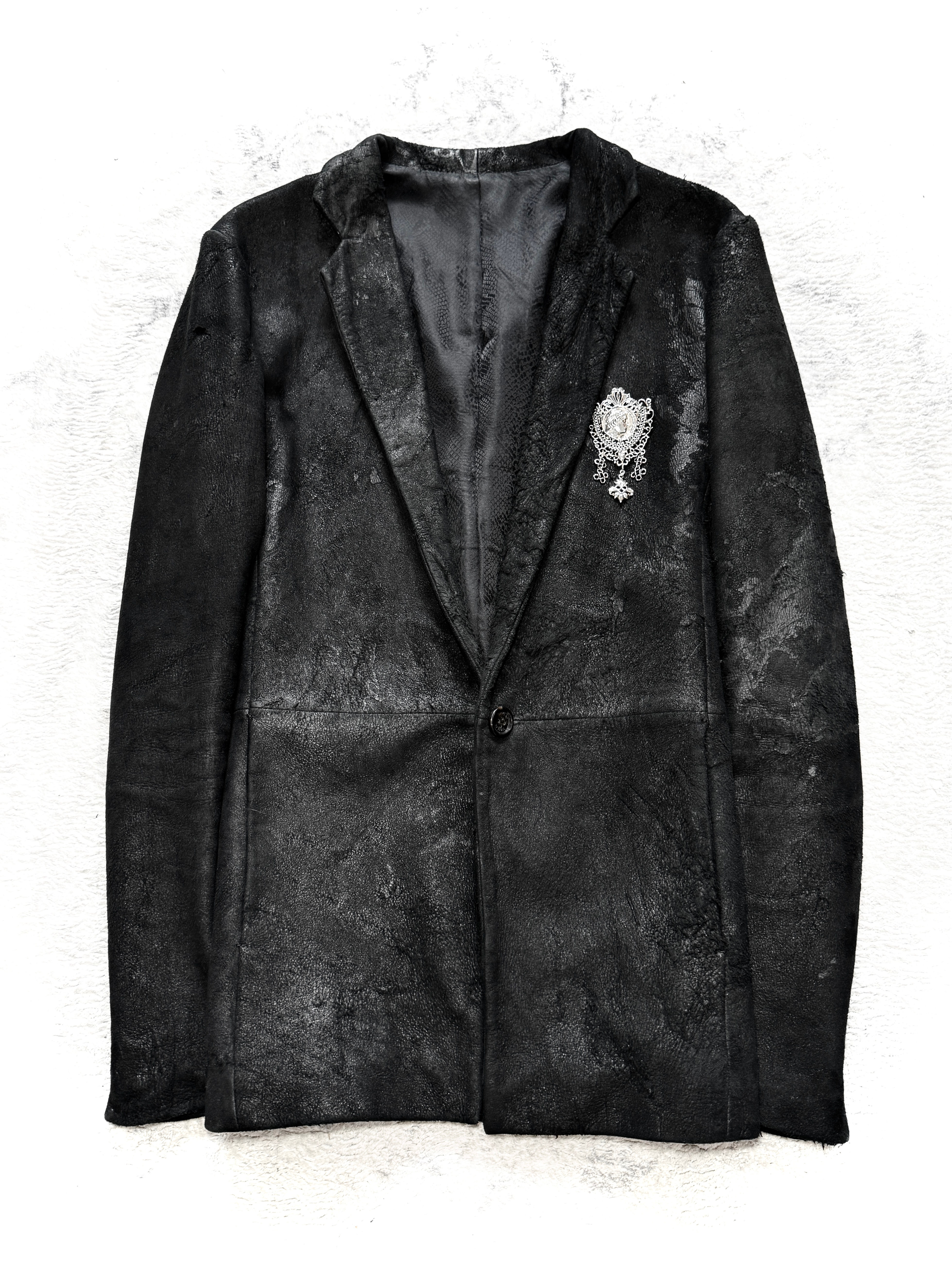 Shellac - Early Distressed & Waxed Cowhide Leather Blazer w/ Vintage .925 Brooch