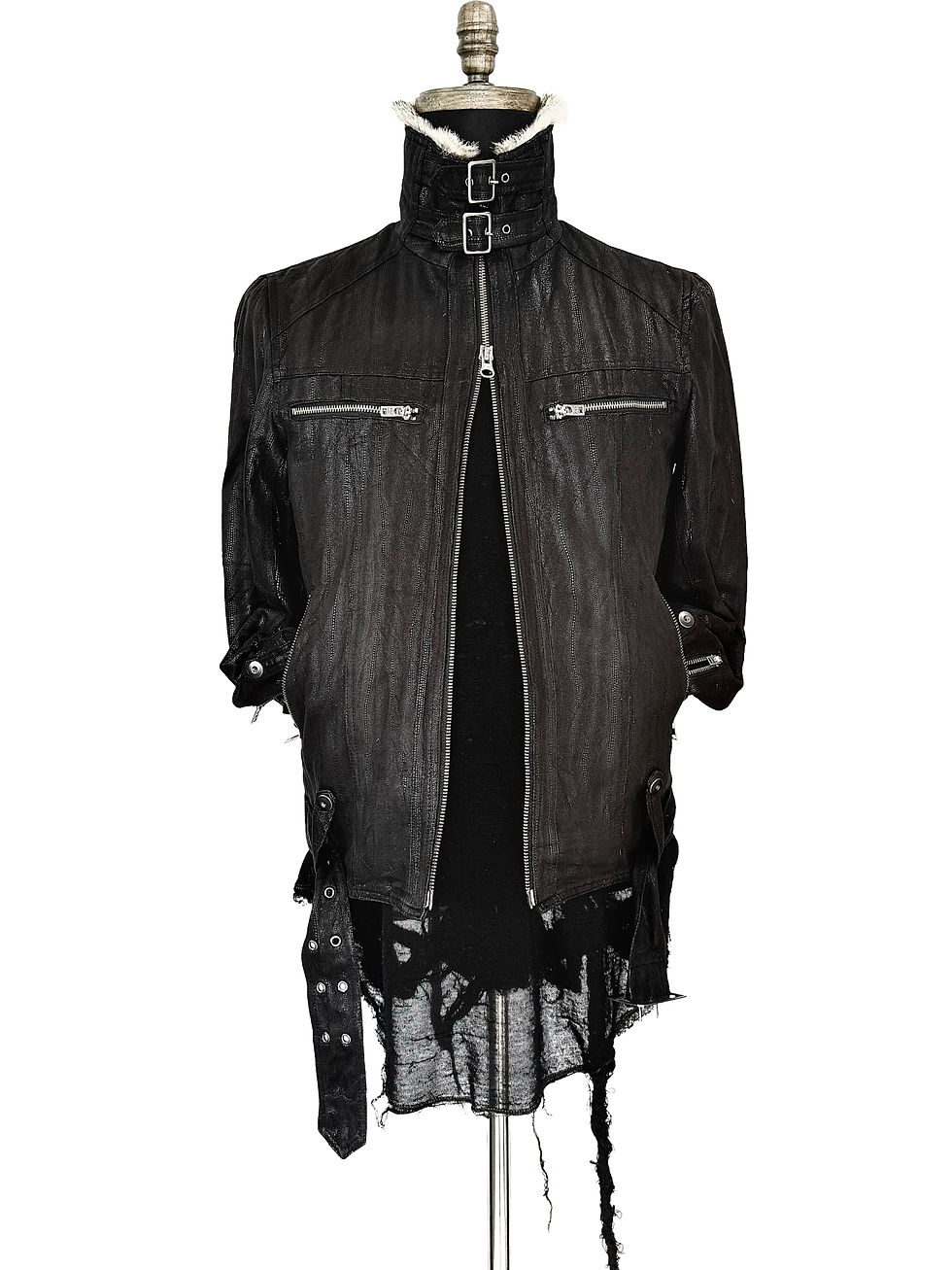 Thumbnail: Schlussel - Early 00s Stingray Coated Micro Suede Bondage Riders Jacket w/ Fur