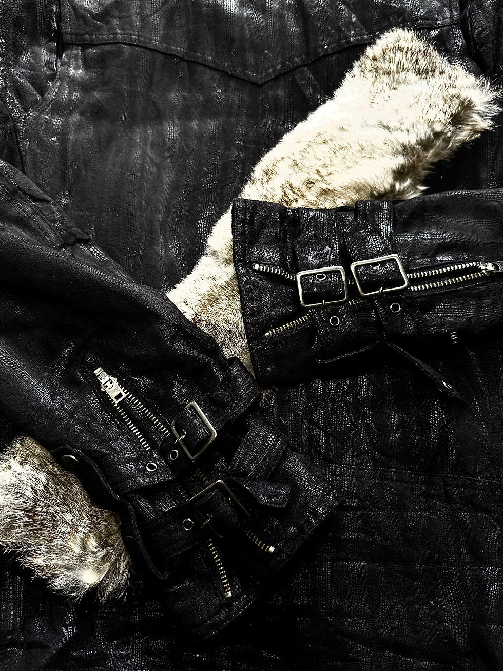 Thumbnail: Schlussel - Early 00s Stingray Coated Micro Suede Bondage Riders Jacket w/ Fur