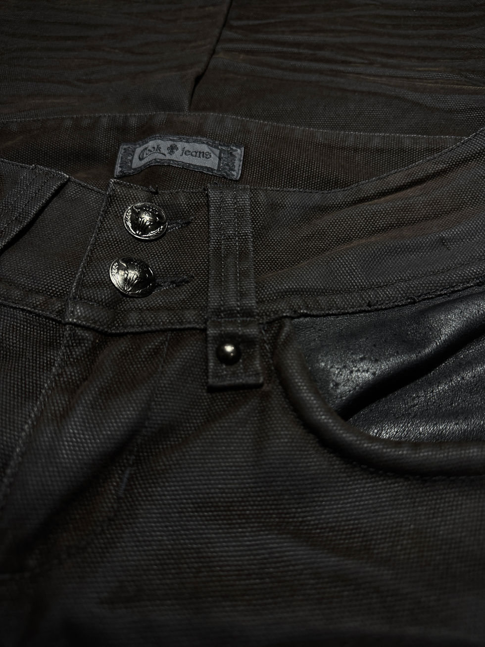 Thumbnail: Cook Jeans - Early 00s Heavily Waxed Flared Jeans w/ Detachable Reaper Cut Panel