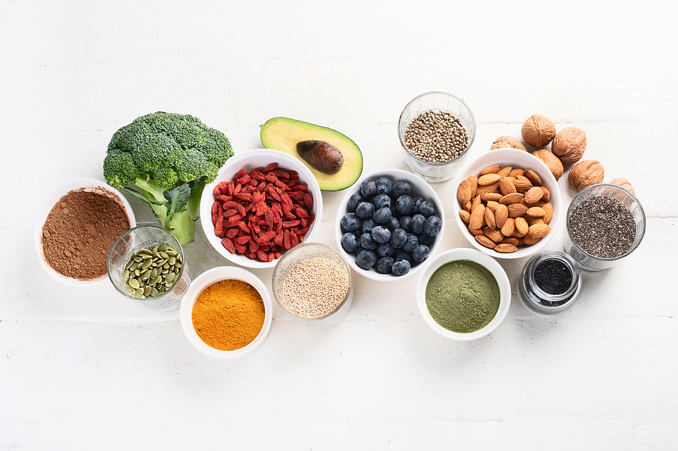 Menopause Nutrition Power List cover showing colorful healthy foods including salmon, vegetables, berries, and leafy greens with text 8 Superfoods to Eat More Of and Why They Actually Matter