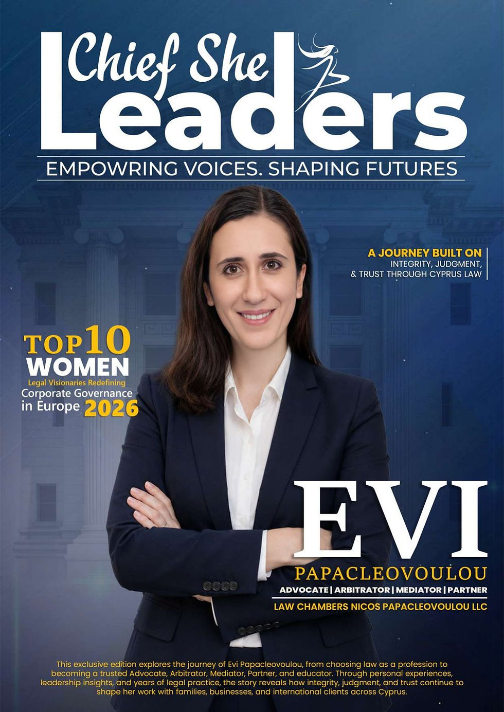 Chief She Leaders 2026 feature on Evi Papacleovoulou of Cyprus Law Chambers