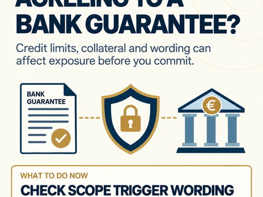 Cyprus Law Chambers bank guarantee infographic with a guarantee document, protective shield and bank, highlighting scope, wording and security checks.