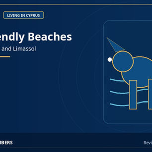 Dog-friendly beaches between Paphos and Limassol illustrated with a dog, sea and sun.