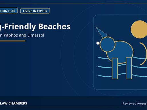 Dog-friendly beaches between Paphos and Limassol illustrated with a dog, sea and sun.