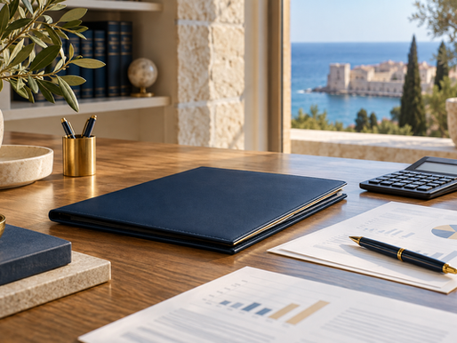 Navy document folio, calculator and financial charts on a desk