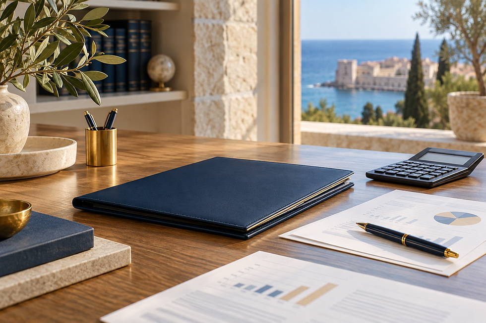 Navy document folio, calculator and financial charts on a desk