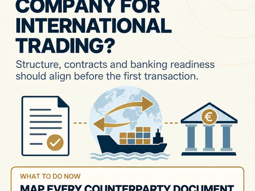 Cyprus Law Chambers infographic on using a Cyprus company for international trading, with contract, global shipping and banking illustrations.