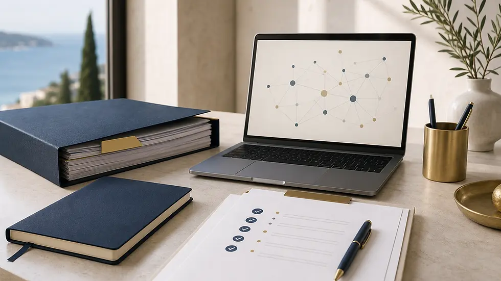 Company records, compliance checklist and ownership network in a sunlit Cyprus office.