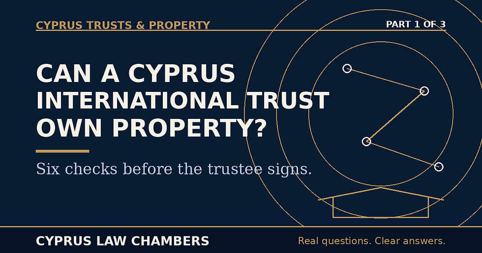 Navy, cream and muted-gold Cyprus Law Chambers cover reading “Can a Cyprus International Trust Own Property?” and “Part 1 of 3”.