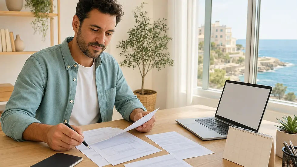 Newcomer organising first-year tax records at a desk in Cyprus