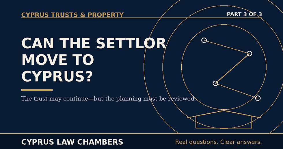 Navy, cream and muted-gold Cyprus Law Chambers cover reading “Can the Settlor Move to Cyprus?” and “Part 3 of 3”.