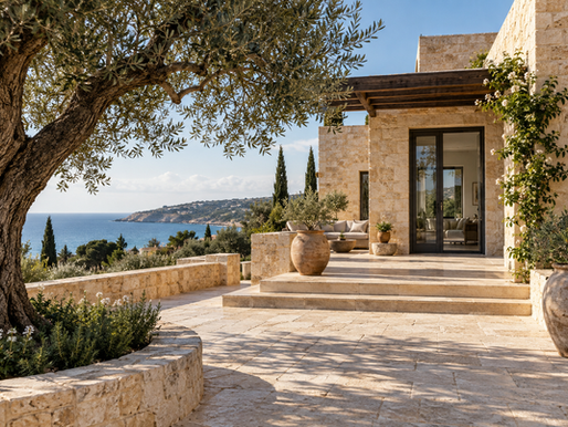Limestone home and olive courtyard beside the Mediterranean