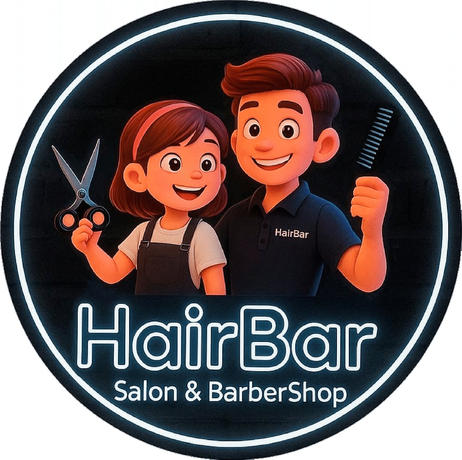 HairBar Salon Barbershop logo featuring a stylist and barber in Cross Roads TX