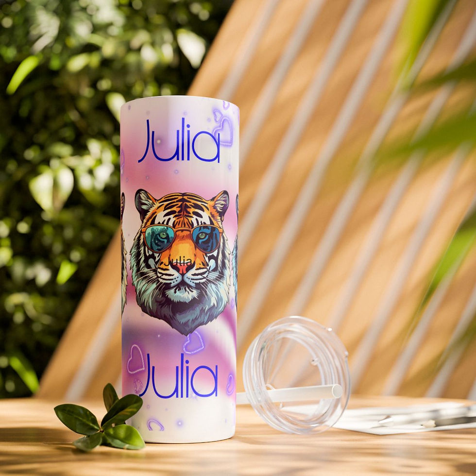 Thumbnail: Custom Design Kids Cyber Animals Tiger Skinny Tumbler with Straw, 20oz (TM)
