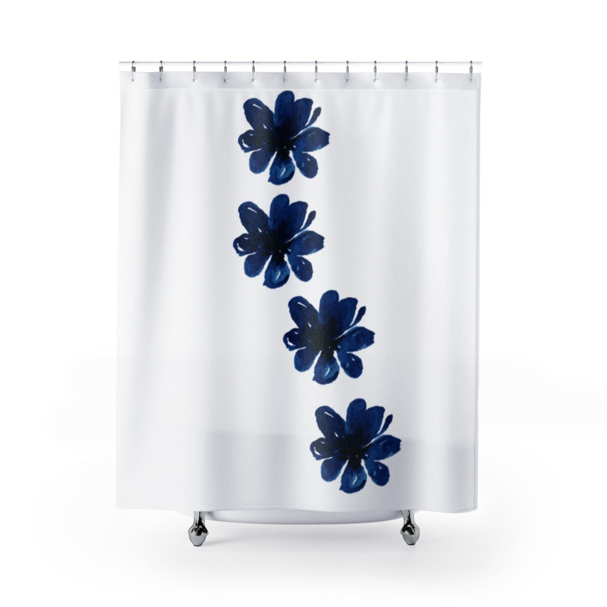 Nantucket Midnight Blue Watercolor Flowers Shower Curtain