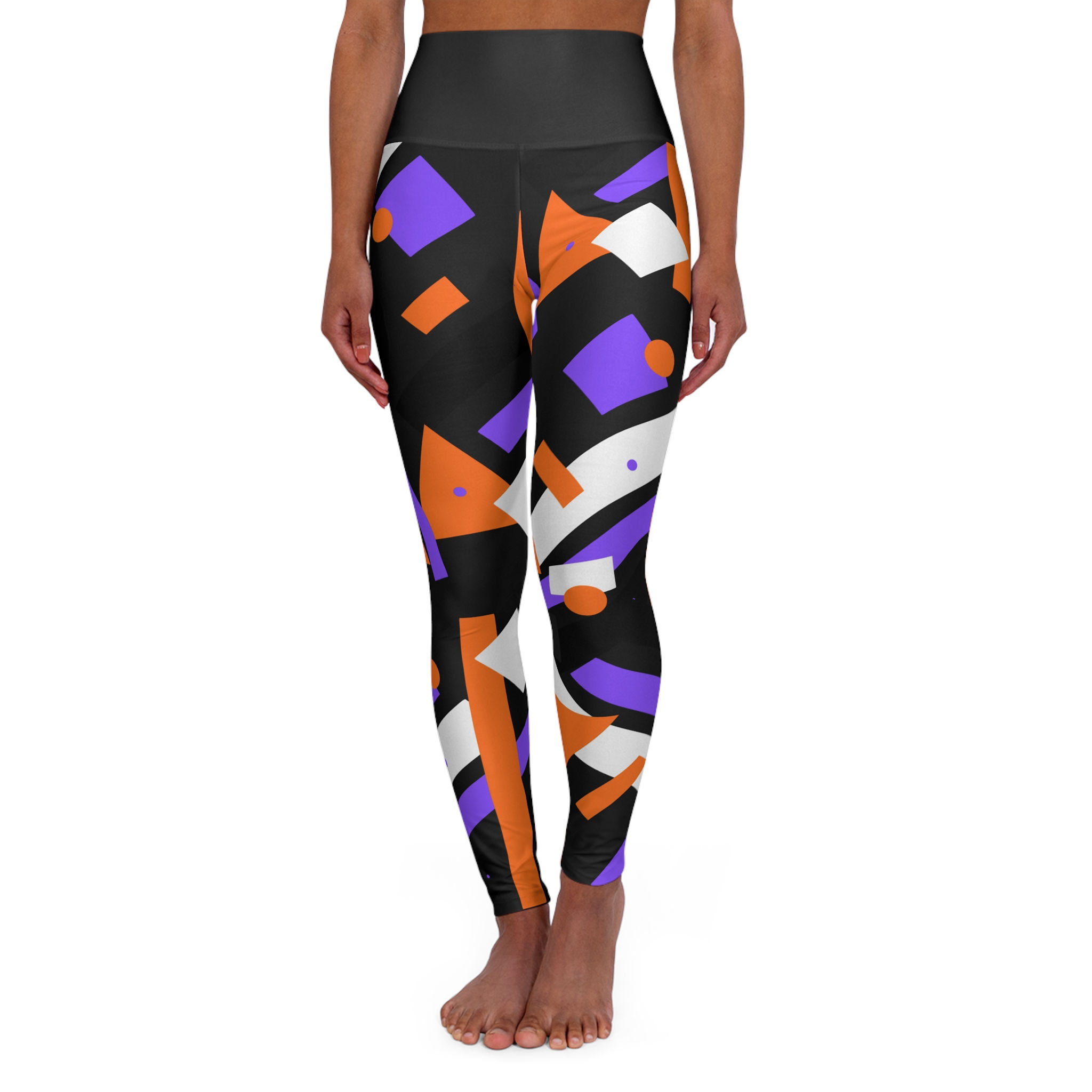 Geometric Color Block High-Waist Yoga Leggings — Bold Black, Orange & Purple