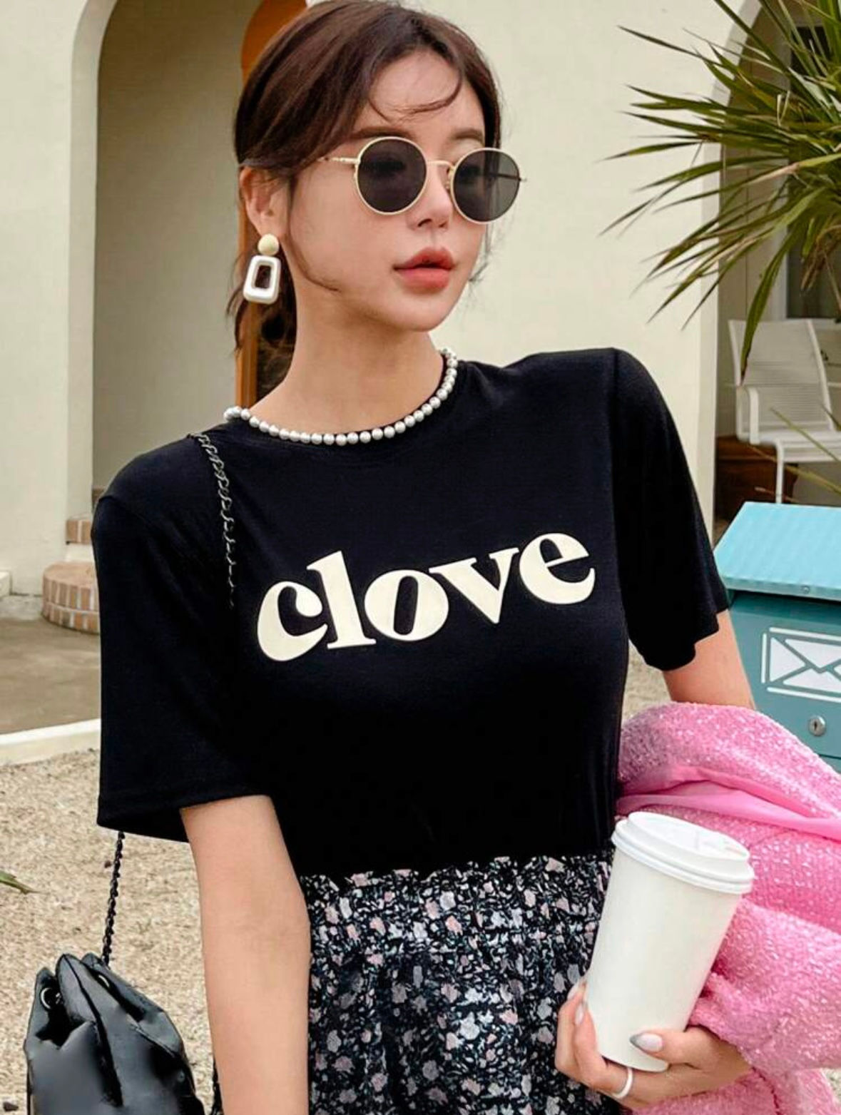 パール付きレタリングTシャツ