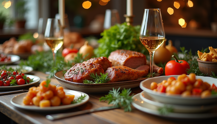 Eye-level view of a colorful Christmas dinner table with fresh vegetables and lean meats