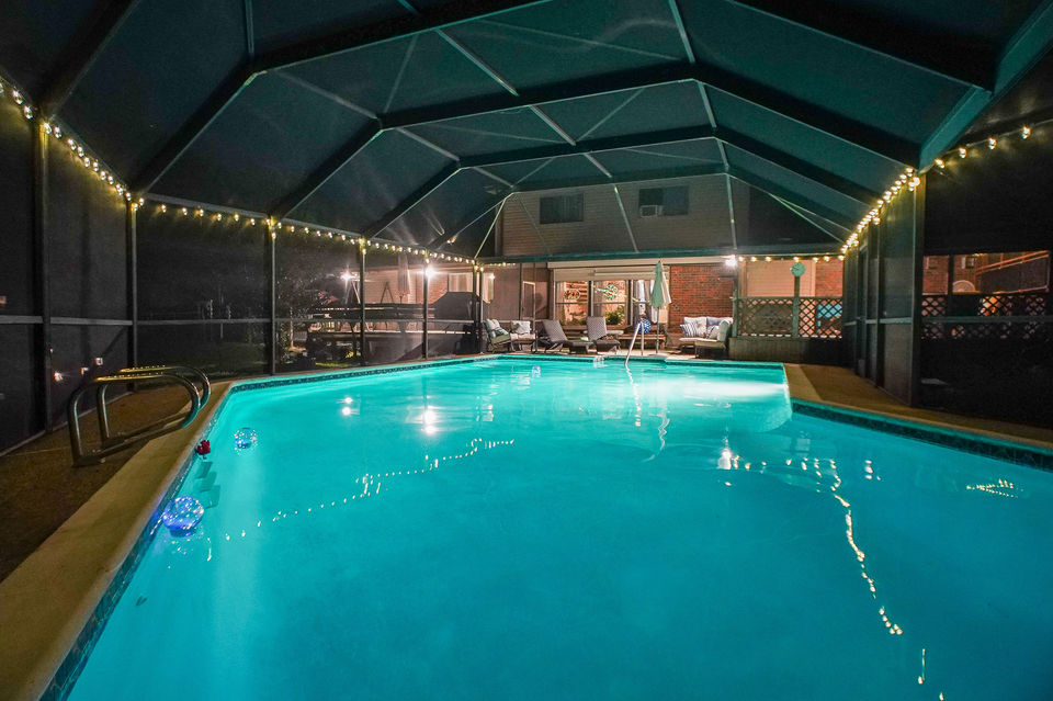 Night view of a resort pool