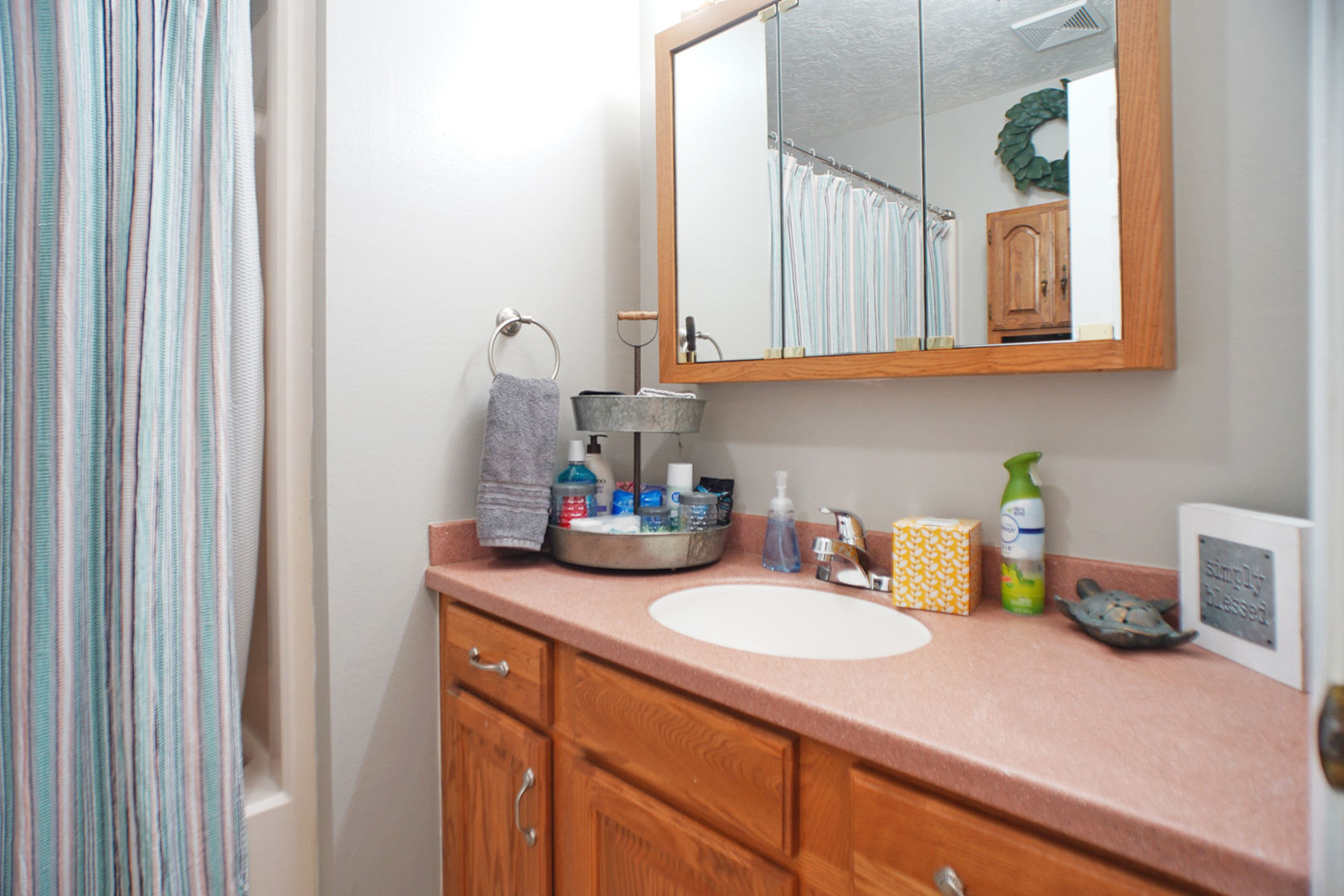 Clean bathroom with sink, countertop, and shower