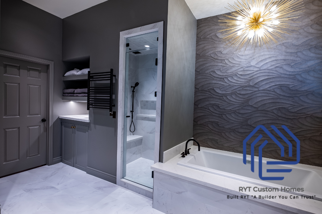 Custom ensuite with dark gray walls, white tub, shower, and white floors. 