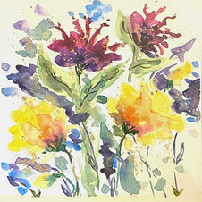 Lesley Blecharczyk’s watercolor Bee Balm Drift, featuring flowing botanical forms and expressive colors inspired by bee balm flowers.