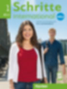 Cover of the German course book Schritte international neu 1, showing smiling people walking outdoors, with a blue background
