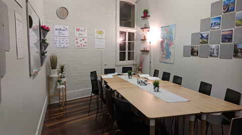 DerDieDas classroom arranged for interactive German lessons