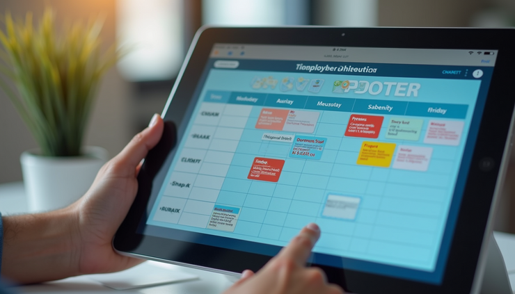 Eye-level view of a digital calendar showing employee shifts on a tablet