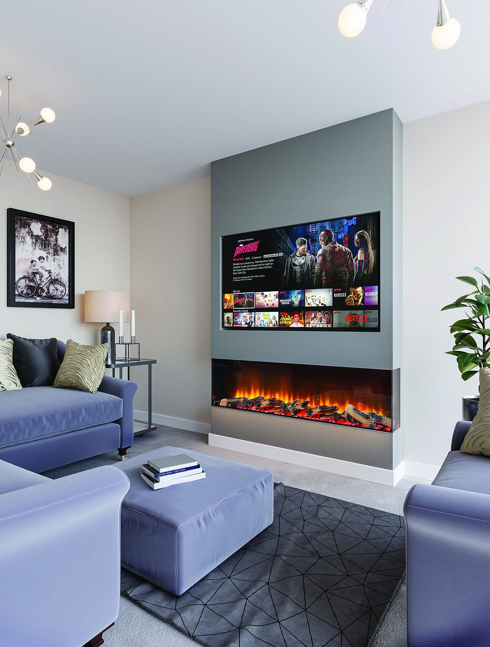 Electric Media Wall Fire 1500mm HD Panoramic 3 sided glass | Hand Painted Logs