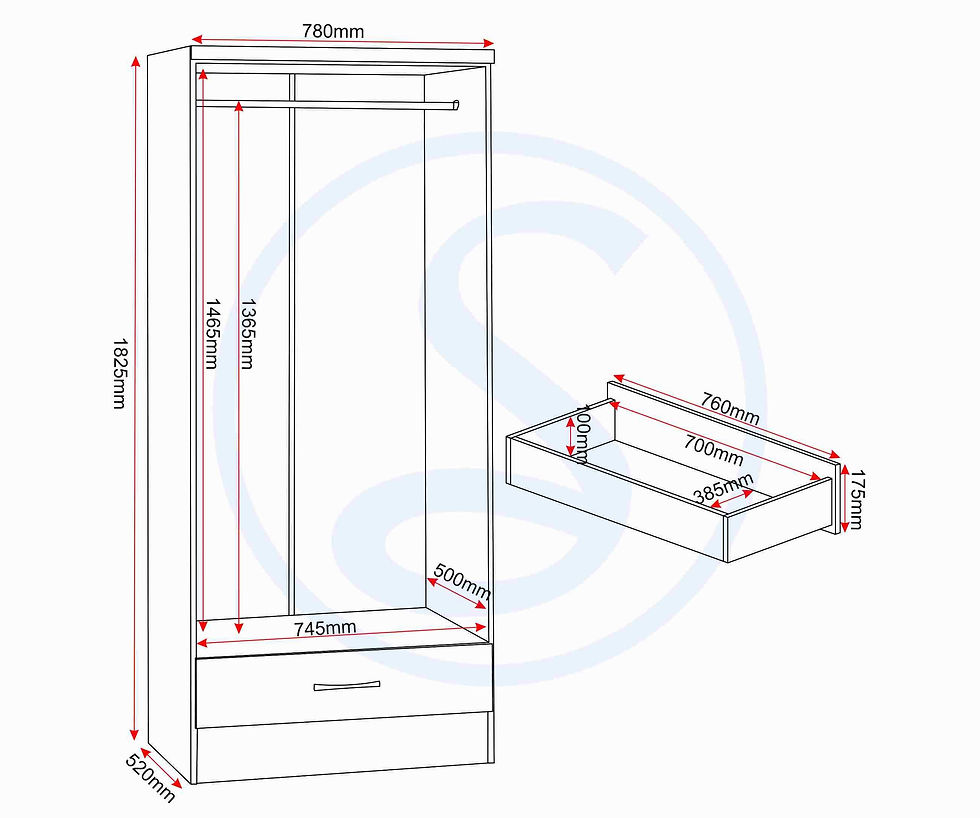 Thumbnail: Nevada 2 Door 1 Drawer Wardrobe Grey Gloss Light Oak