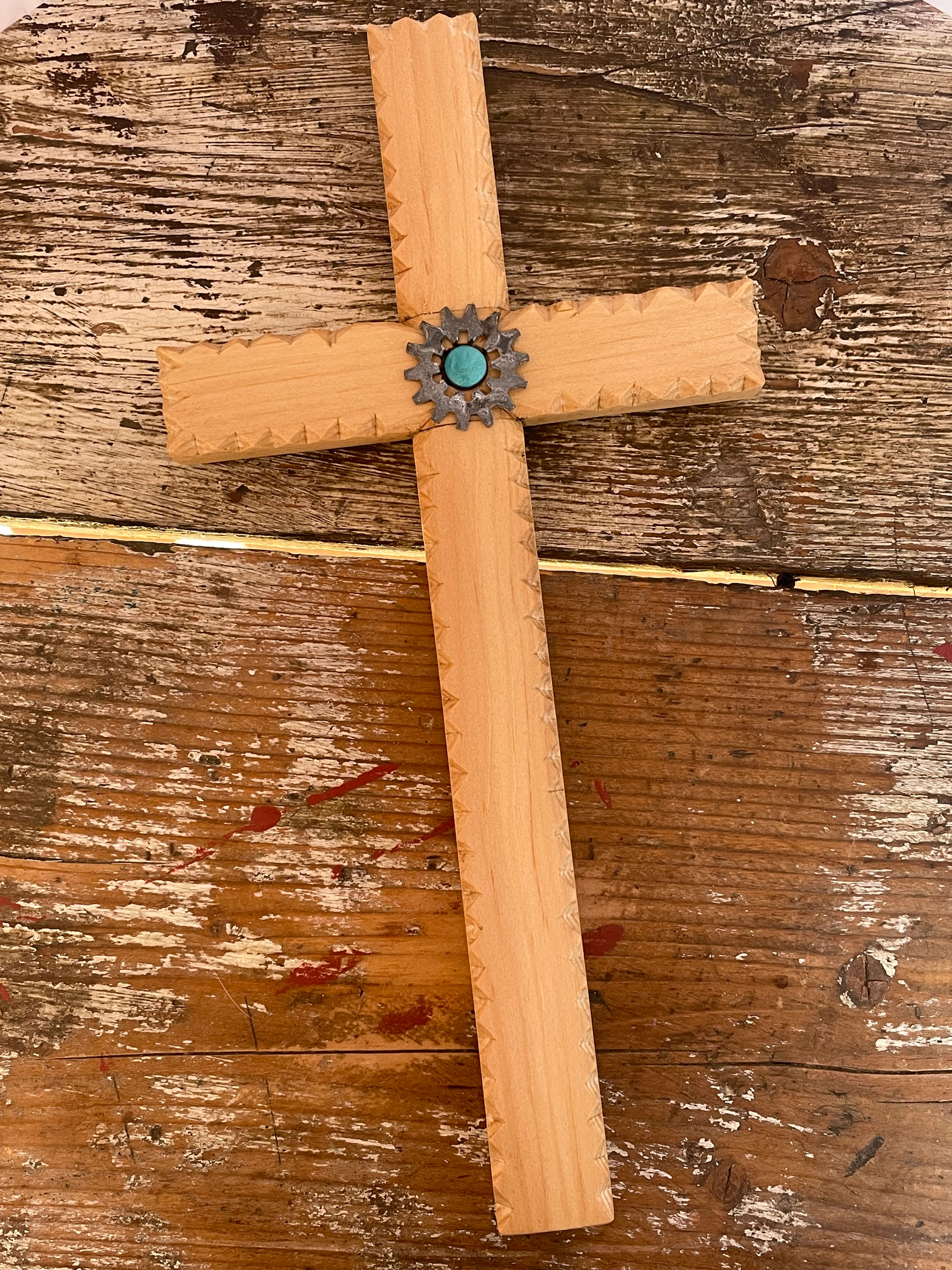 Chipped Carved Cross w/ gemstone.