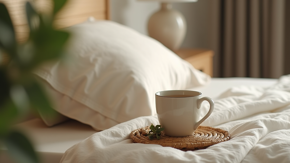 Close-up view of a cup of herbal tea on a bedside table