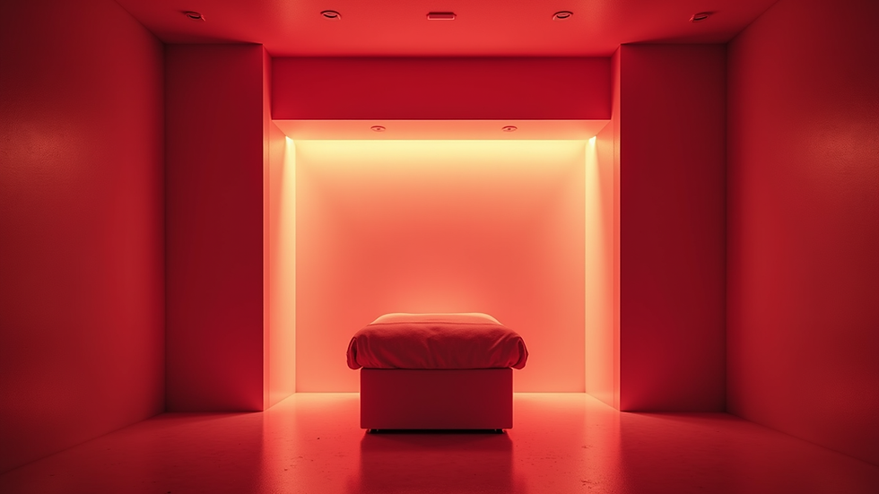 Eye-level view of a wellness clinic room with red light therapy equipment