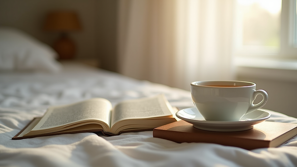 Close-up view of a cup of herbal tea and a book on a bedside table