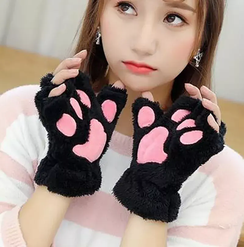 Women Bear Plush Cat Paw Claw Gloves Winter Faux Fur Cute Kitten Fingerless