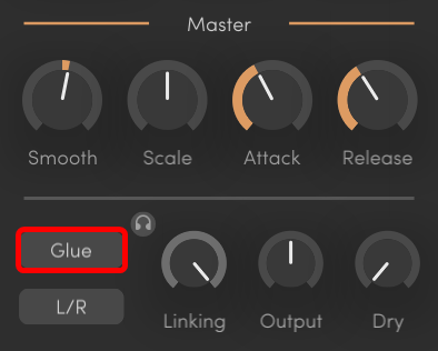 黒い音楽/音声編集UIで、MasterのSmooth・Scale・Attack・Releaseつまみと下段のLinking・Output・Dryが並び、左下のGlueボタンが赤枠で強調されている。